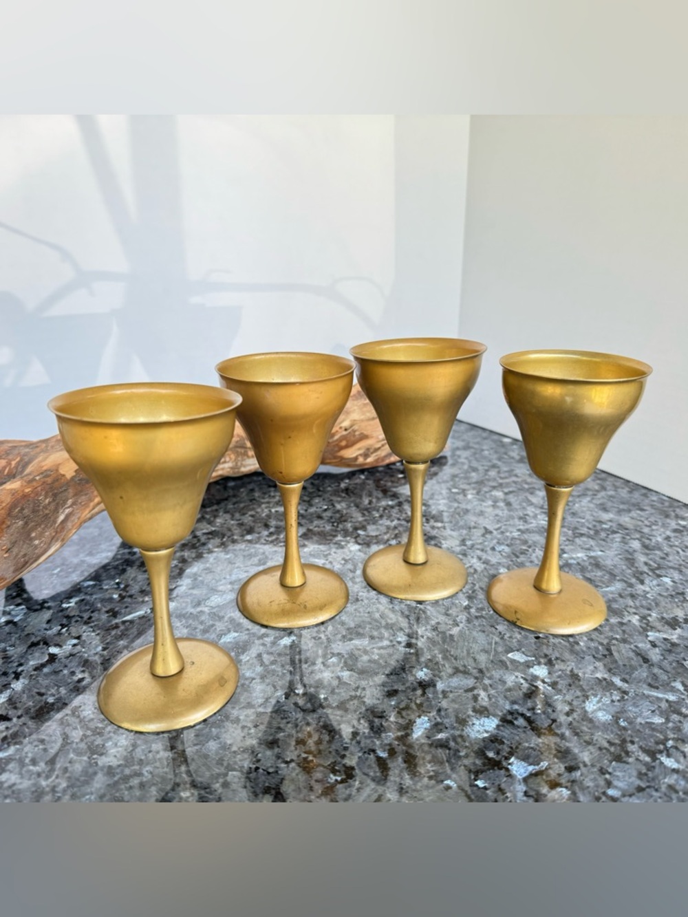 Vintage Brass Wine Champagne Round Curved Goblet Glasses 5.25” Set Of Four Cups